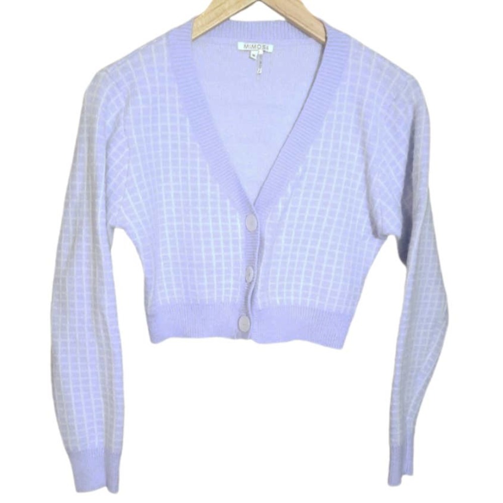Mimosa Womens Purple White Square Check V-Neck Button Crop Cardigan Size Medium